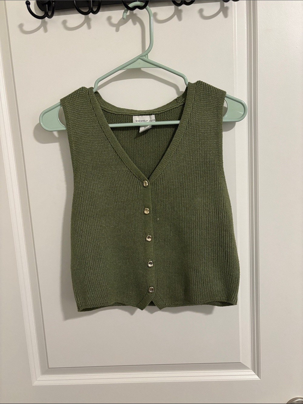 Sincerely Jules Olive Green V-Neck Button Front Knit Vest